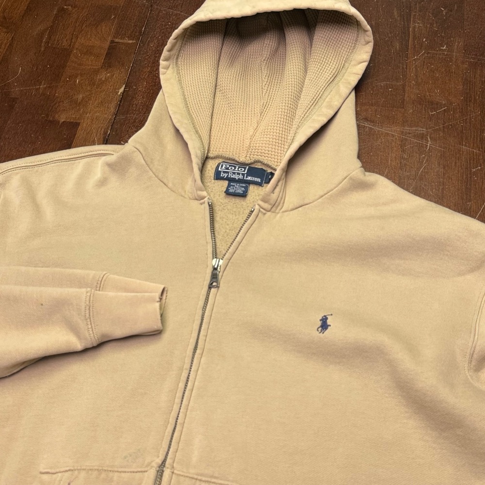 Vtg Polo Ralph Lauren Full Zip Hoodie Mens L Tan Thermal Lined Pony Logo See pic